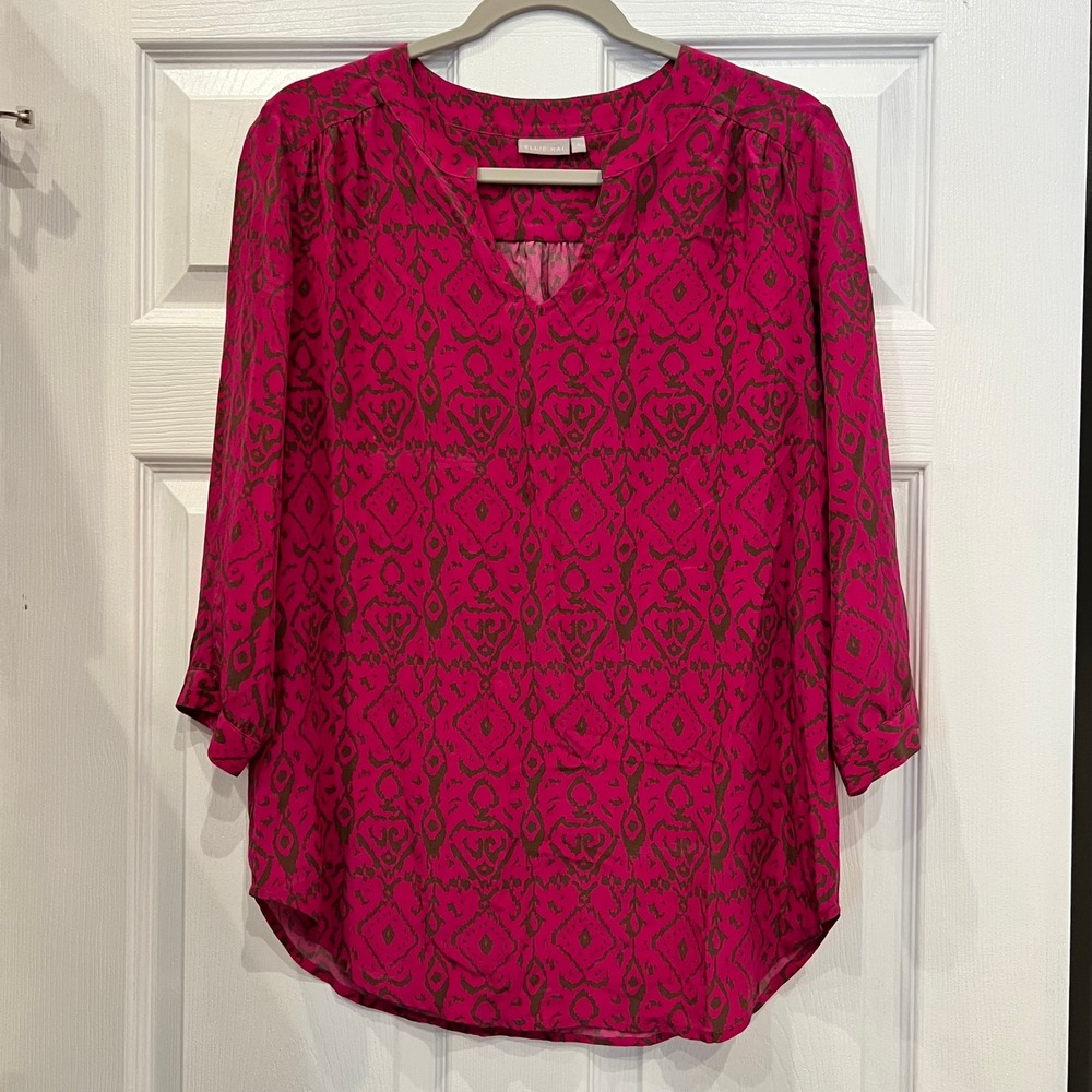 Ellie Kai Blouse 100% Silk Magenta Pink Olive Ikat Geometric Boho Professional 6